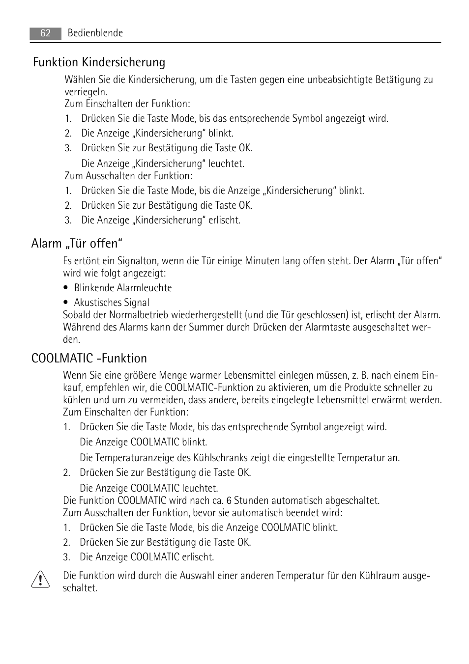 Funktion kindersicherung, Alarm „tür offen, Coolmatic -funktion | AEG SKS88840F0 User Manual | Page 62 / 76