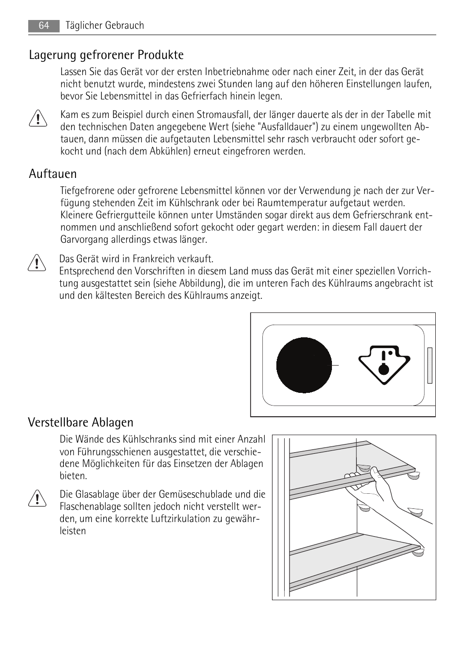 Lagerung gefrorener produkte, Auftauen, Verstellbare ablagen | AEG SKS88840F0 User Manual | Page 64 / 76
