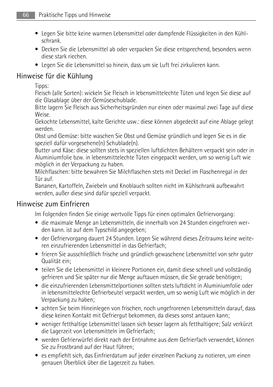 Hinweise für die kühlung, Hinweise zum einfrieren | AEG SKS88840F0 User Manual | Page 66 / 76