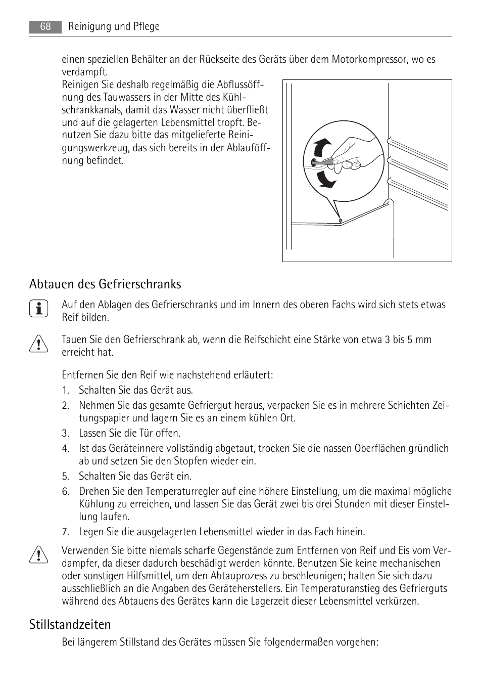 Abtauen des gefrierschranks, Stillstandzeiten | AEG SKS88840F0 User Manual | Page 68 / 76