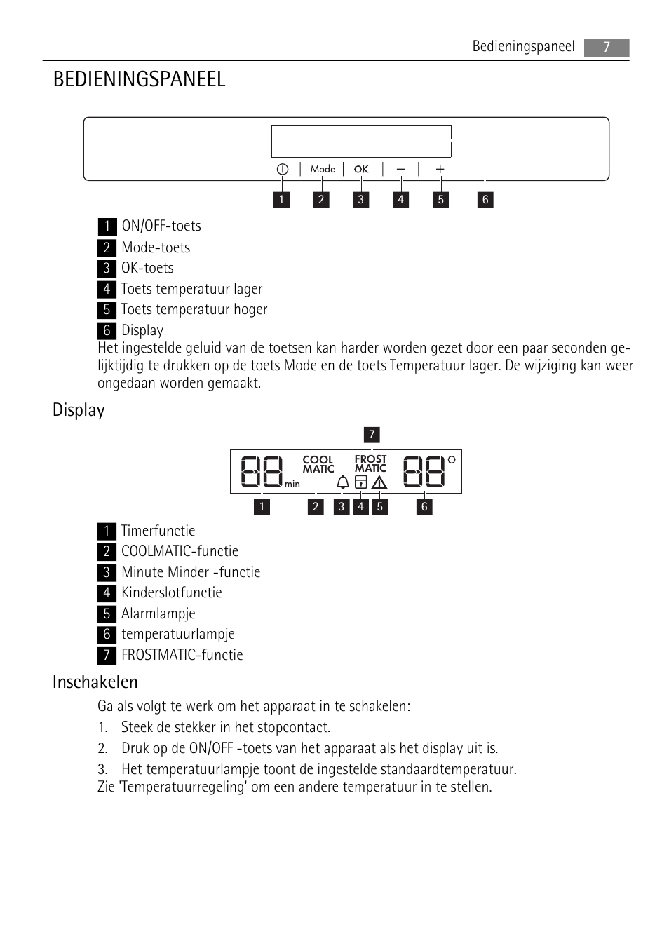 Bedieningspaneel, Display, Inschakelen | AEG SKS88840F0 User Manual | Page 7 / 76