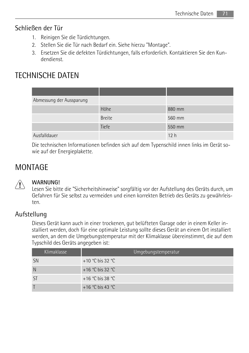 Technische daten, Montage, Schließen der tür | Aufstellung | AEG SKS88840F0 User Manual | Page 71 / 76