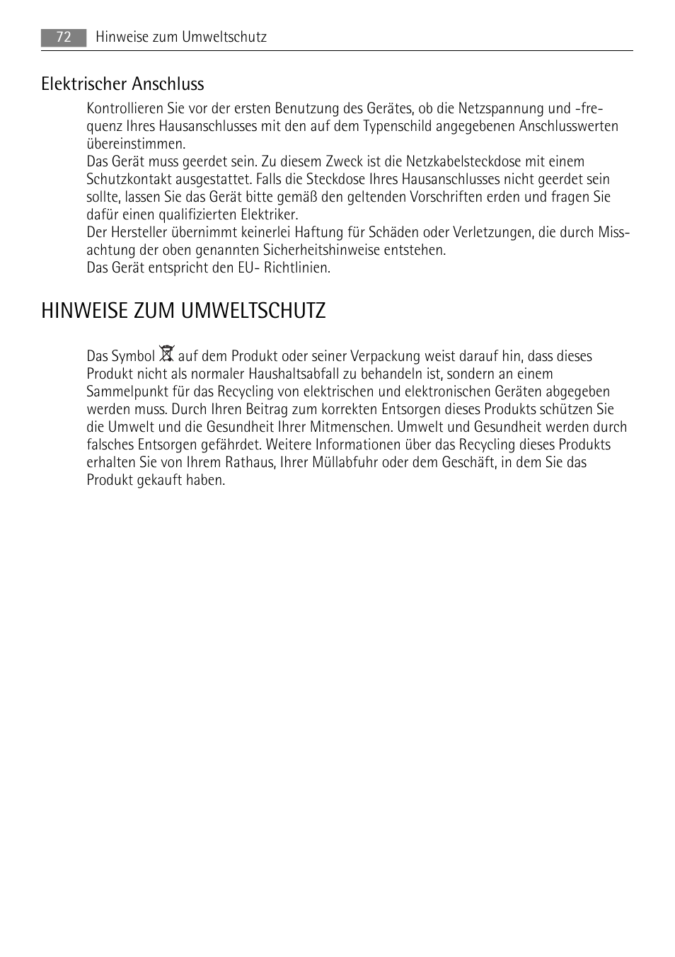 Hinweise zum umweltschutz, Elektrischer anschluss | AEG SKS88840F0 User Manual | Page 72 / 76
