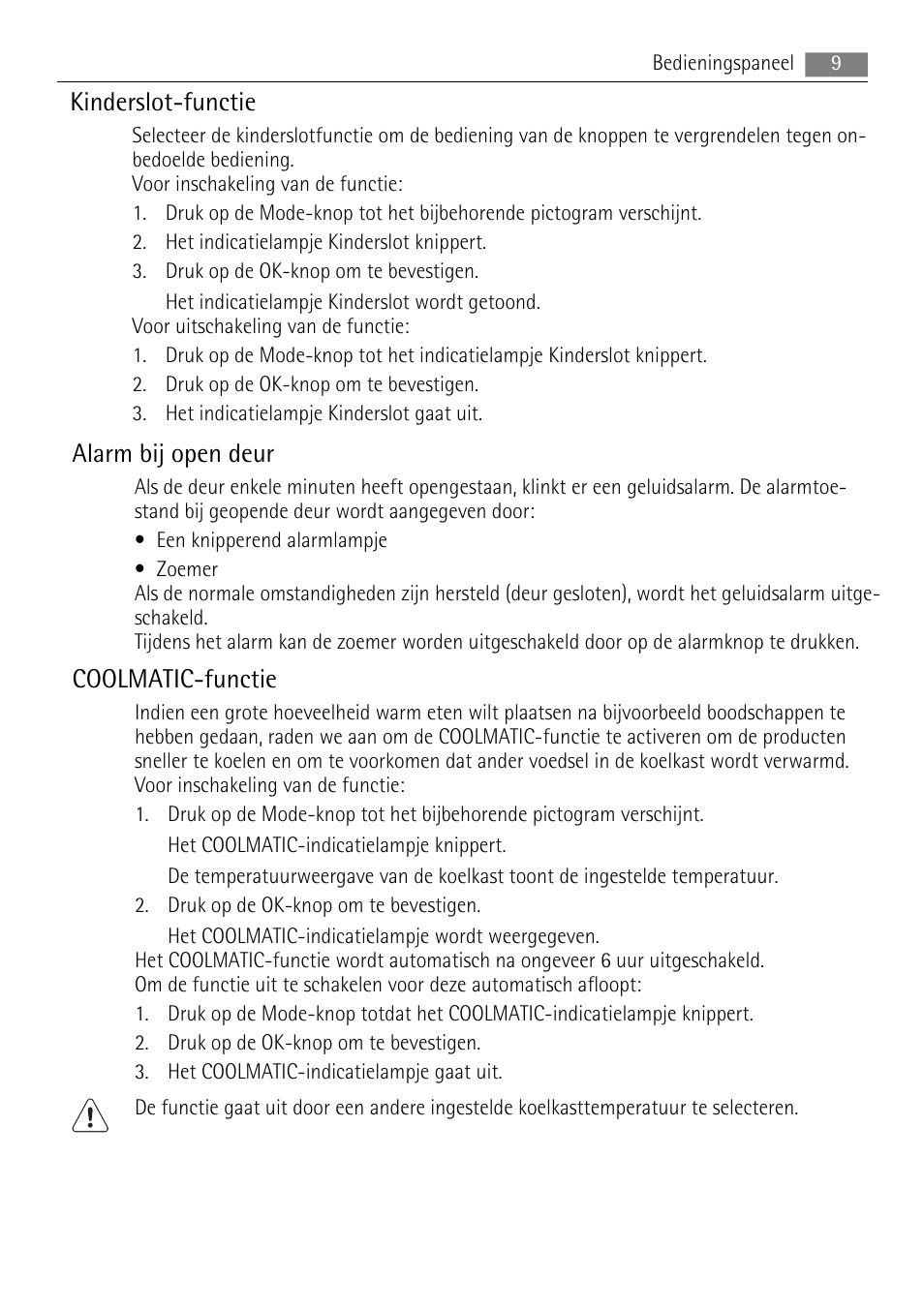 Kinderslot-functie, Alarm bij open deur, Coolmatic-functie | AEG SKS88840F0 User Manual | Page 9 / 76