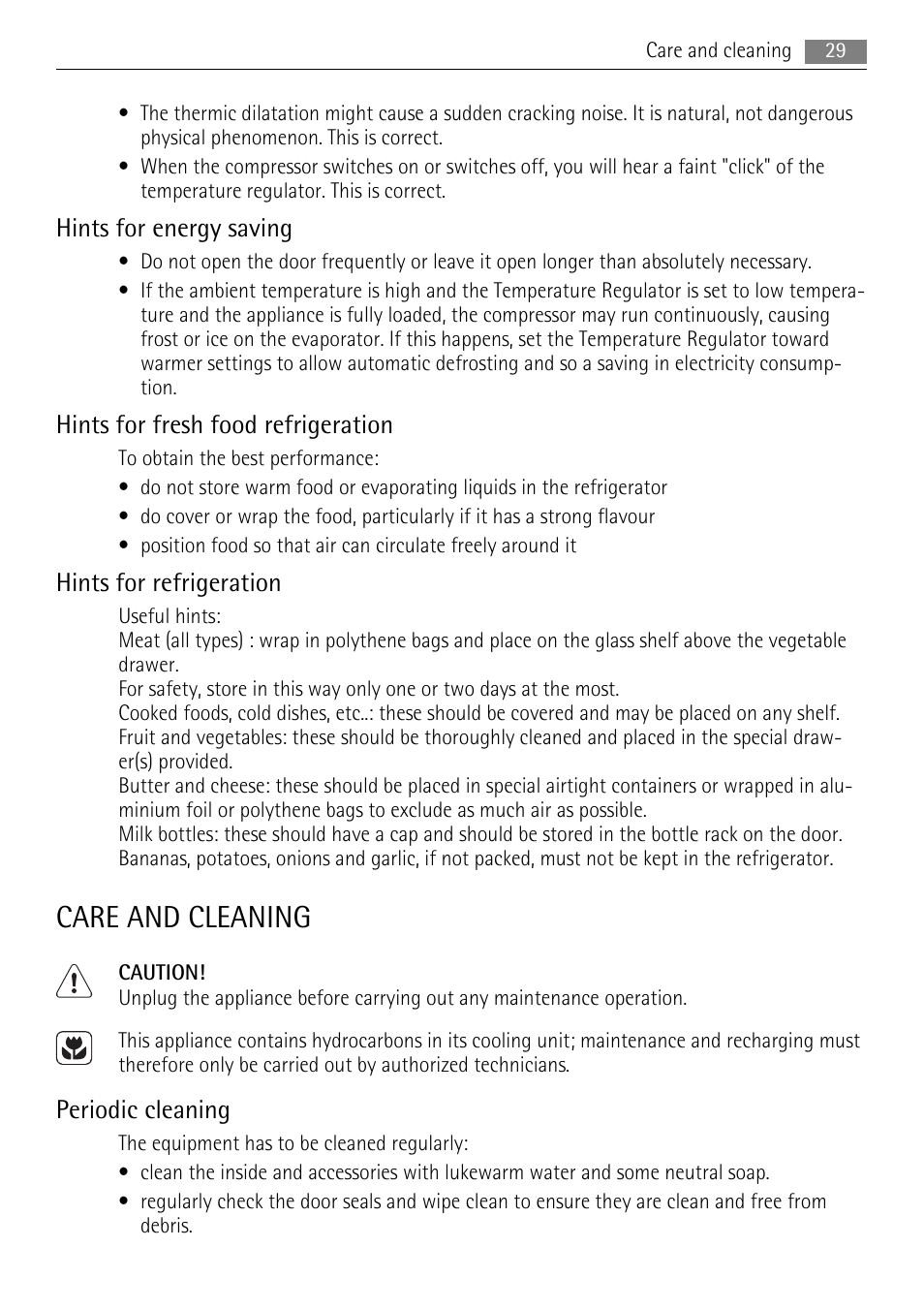 Care and cleaning, Hints for energy saving, Hints for fresh food refrigeration | Hints for refrigeration, Periodic cleaning | AEG SKS88800F0 User Manual | Page 29 / 76