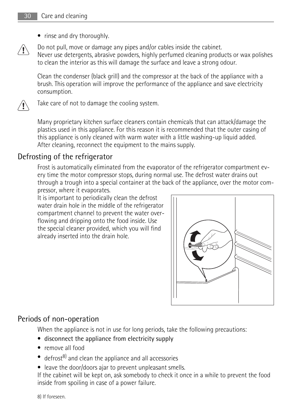 Defrosting of the refrigerator, Periods of non-operation | AEG SKS88800F0 User Manual | Page 30 / 76