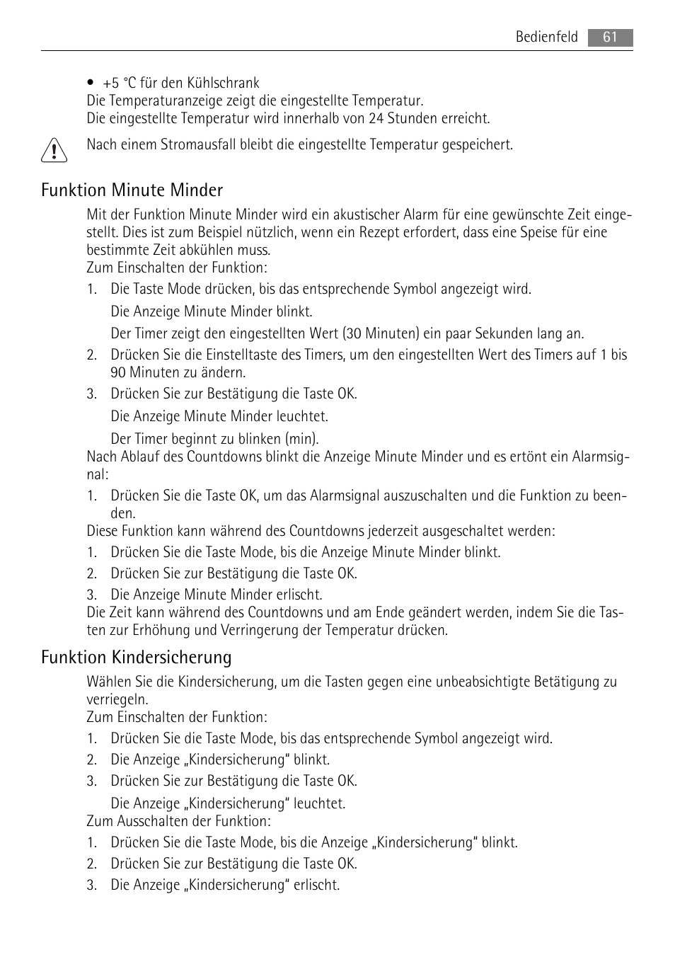 Funktion minute minder, Funktion kindersicherung | AEG SKS88800F0 User Manual | Page 61 / 76