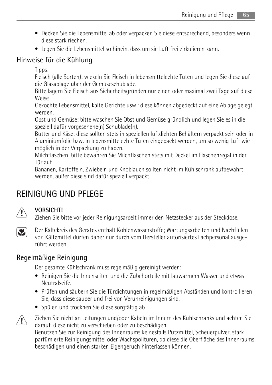 Reinigung und pflege, Hinweise für die kühlung, Regelmäßige reinigung | AEG SKS88800F0 User Manual | Page 65 / 76