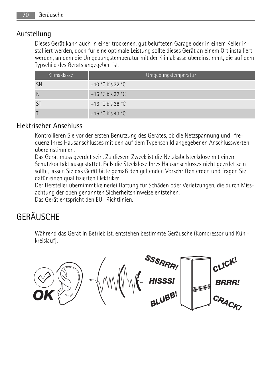 Geräusche, Aufstellung, Elektrischer anschluss | AEG SKS88800F0 User Manual | Page 70 / 76