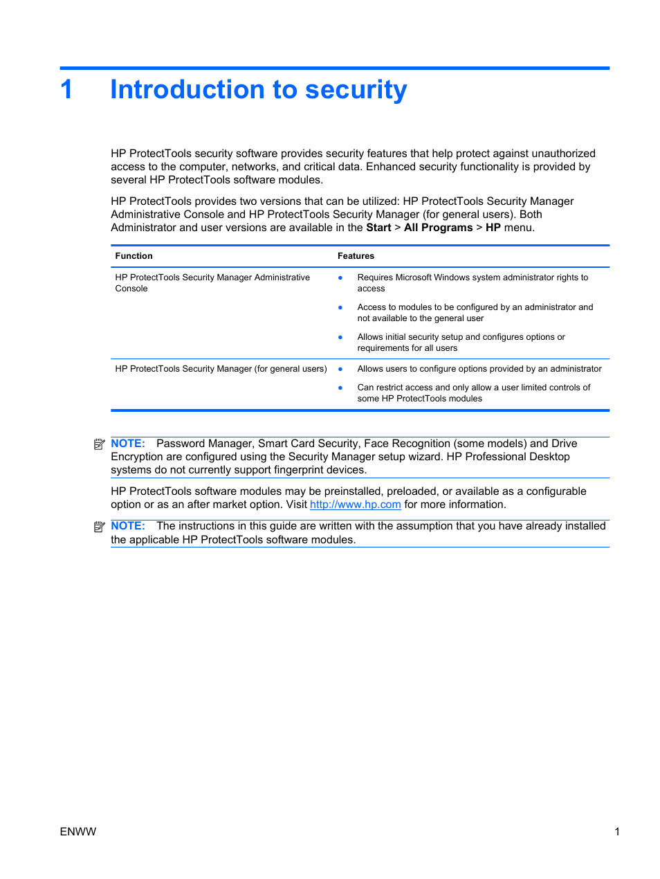 Introduction to security, 1 introduction to security, 1introduction to security | HP HP ProtectTools Security Software, Version 6.0 (User Guide) User Manual | Page 11 / 74