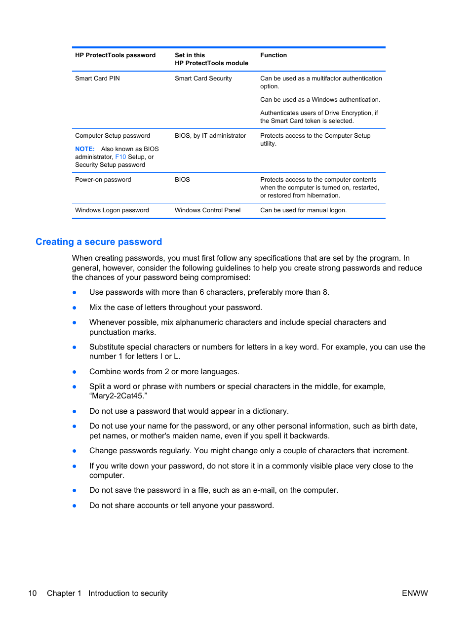 Creating a secure password | HP HP ProtectTools Security Software, Version 6.0 (User Guide) User Manual | Page 20 / 74