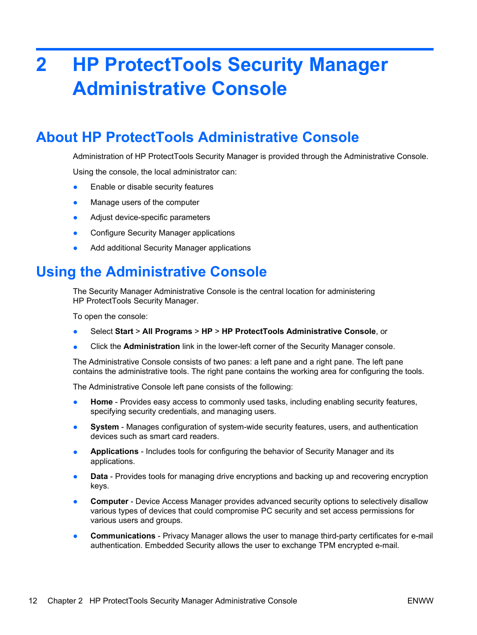 About hp protecttools administrative console, Using the administrative console | HP HP ProtectTools Security Software, Version 6.0 (User Guide) User Manual | Page 22 / 74