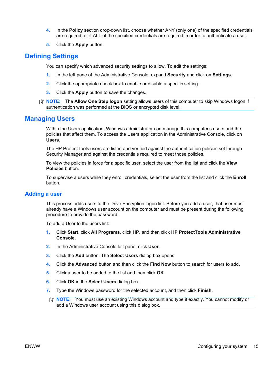 Defining settings, Managing users, Adding a user | Defining settings managing users | HP HP ProtectTools Security Software, Version 6.0 (User Guide) User Manual | Page 25 / 74