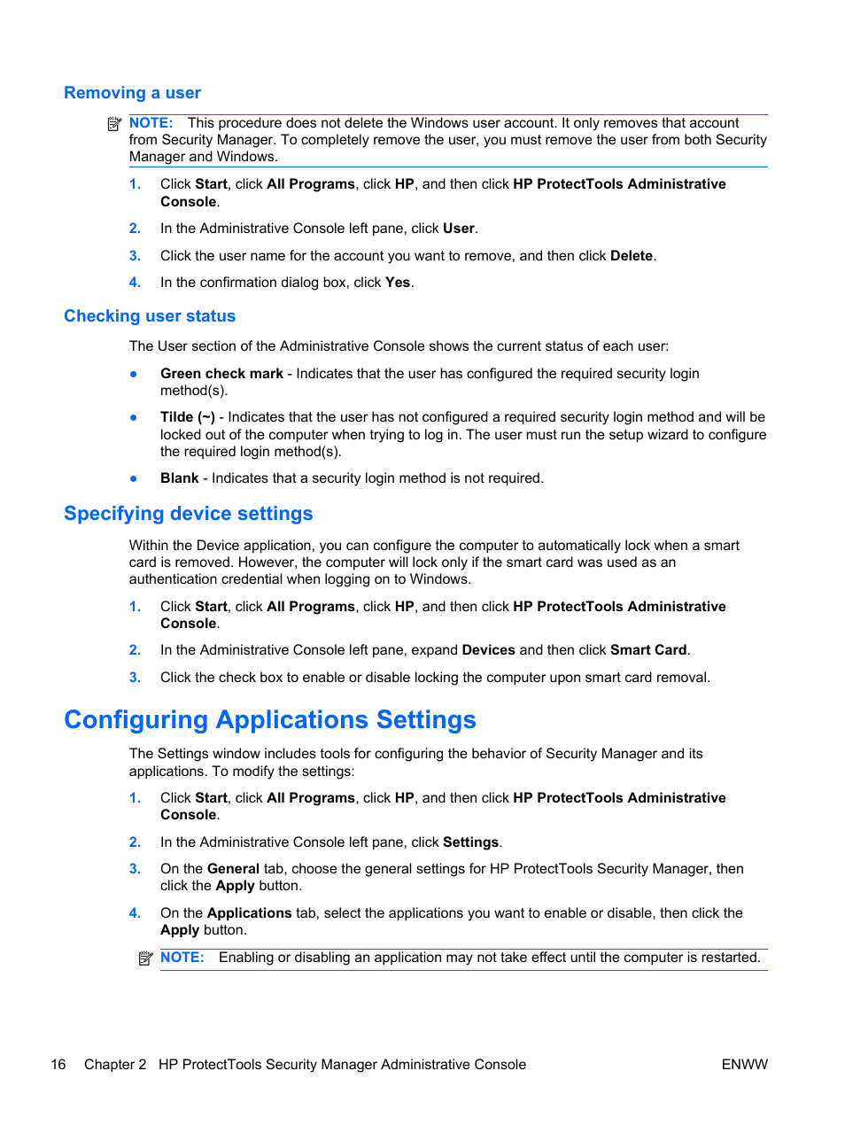 Removing a user, Checking user status, Specifying device settings | Configuring applications settings, Removing a user checking user status | HP HP ProtectTools Security Software, Version 6.0 (User Guide) User Manual | Page 26 / 74