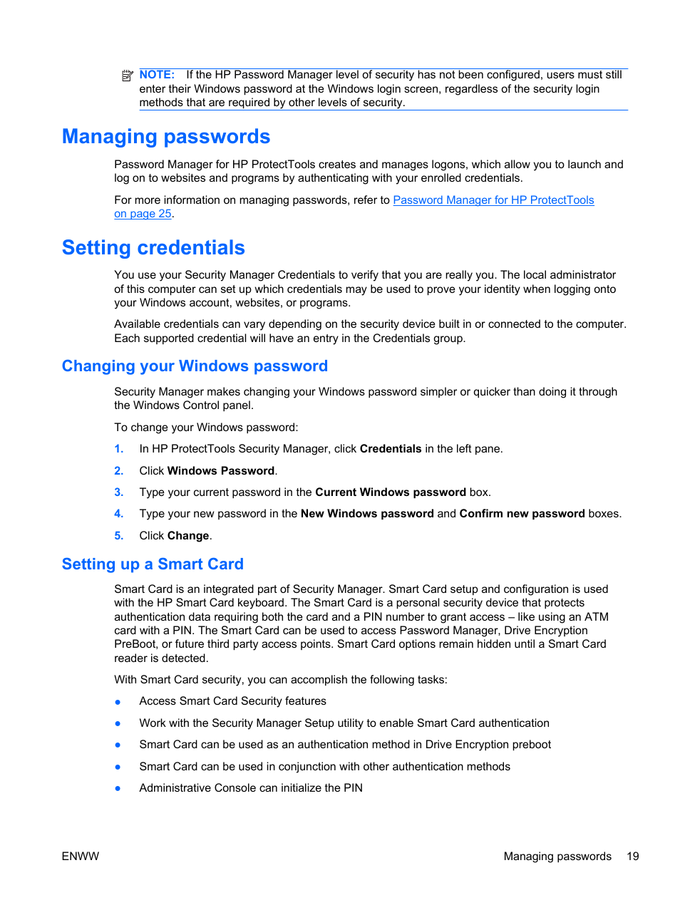 Managing passwords, Setting credentials, Changing your windows password | Setting up a smart card, Managing passwords setting credentials | HP HP ProtectTools Security Software, Version 6.0 (User Guide) User Manual | Page 29 / 74