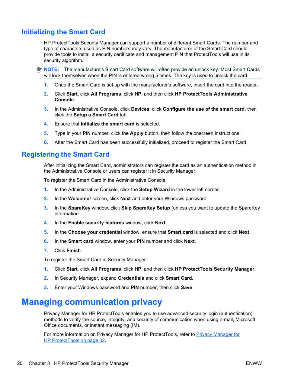 Initializing the smart card, Registering the smart card, Managing communication privacy | HP HP ProtectTools Security Software, Version 6.0 (User Guide) User Manual | Page 30 / 74