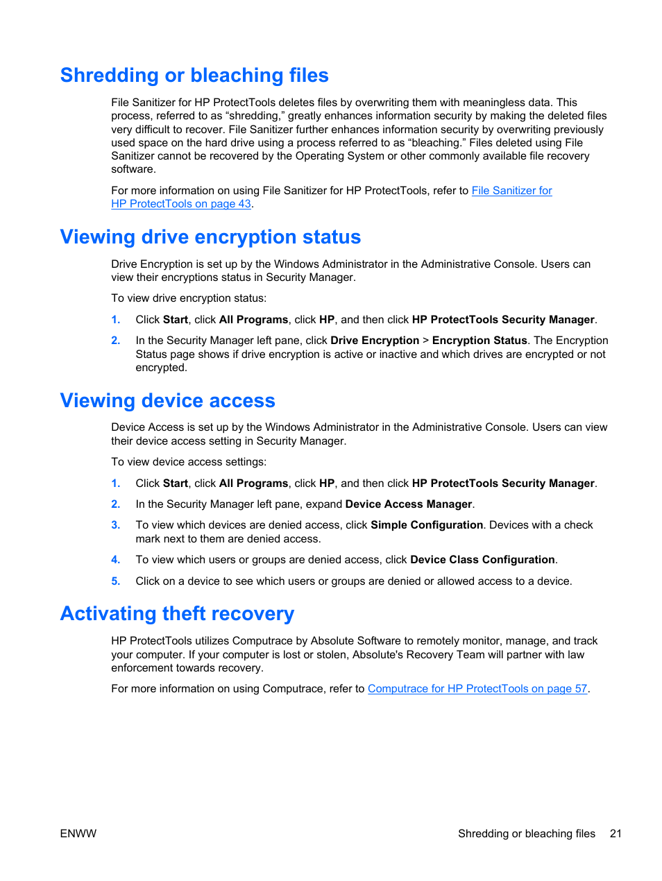 Shredding or bleaching files, Viewing drive encryption status, Viewing device access | Activating theft recovery | HP HP ProtectTools Security Software, Version 6.0 (User Guide) User Manual | Page 31 / 74