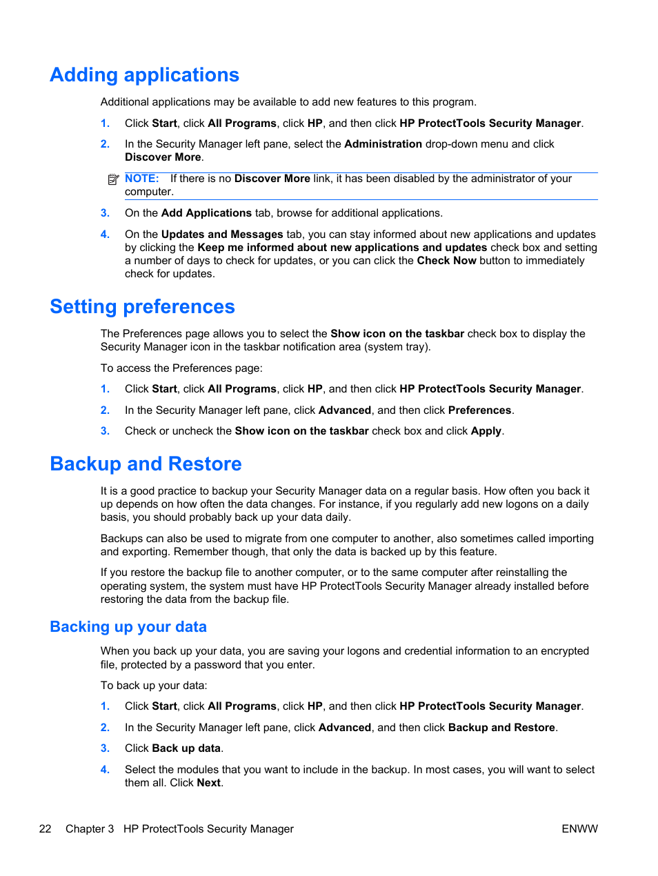 Adding applications, Setting preferences, Backup and restore | Backing up your data | HP HP ProtectTools Security Software, Version 6.0 (User Guide) User Manual | Page 32 / 74