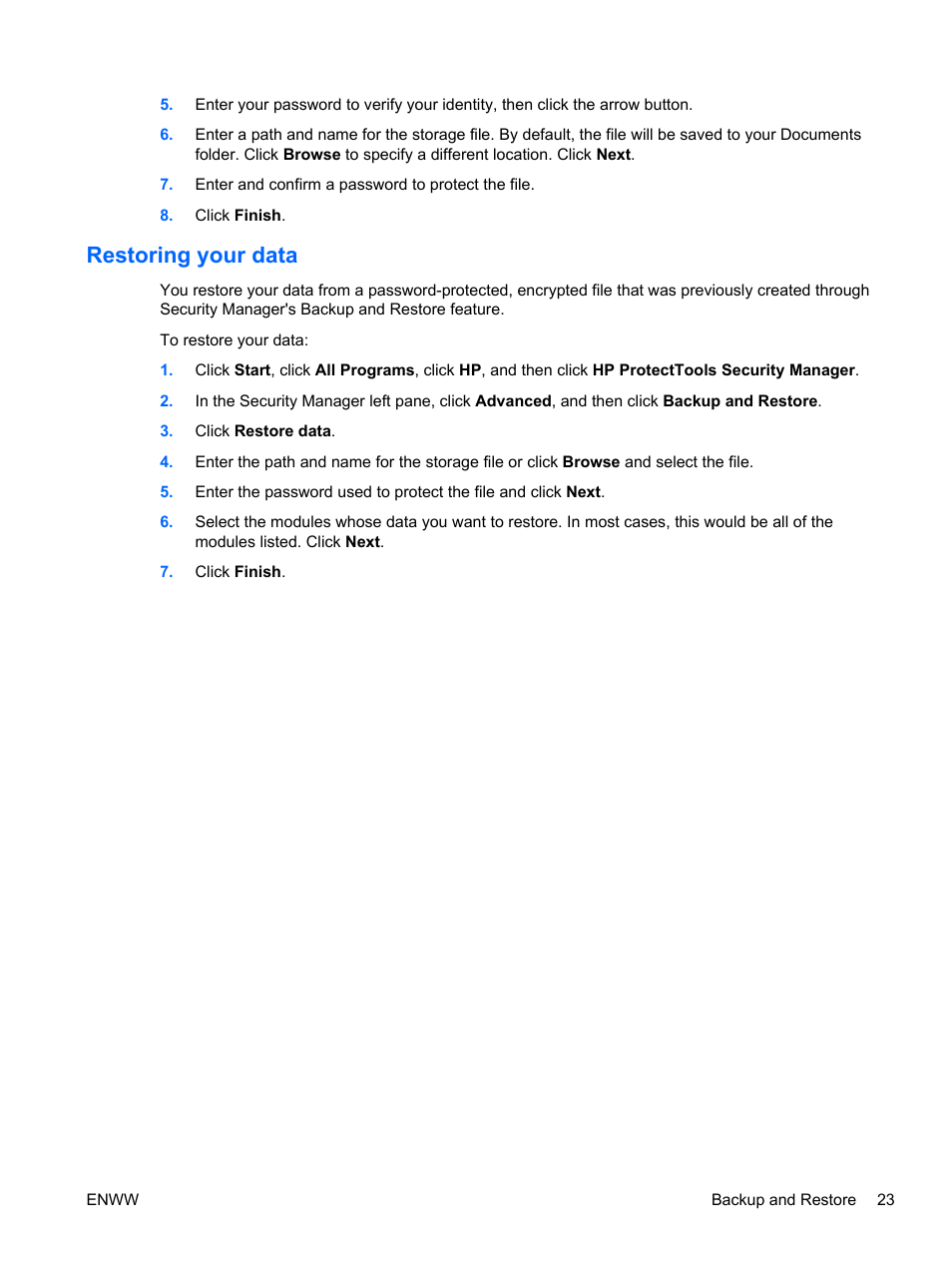 Restoring your data | HP HP ProtectTools Security Software, Version 6.0 (User Guide) User Manual | Page 33 / 74