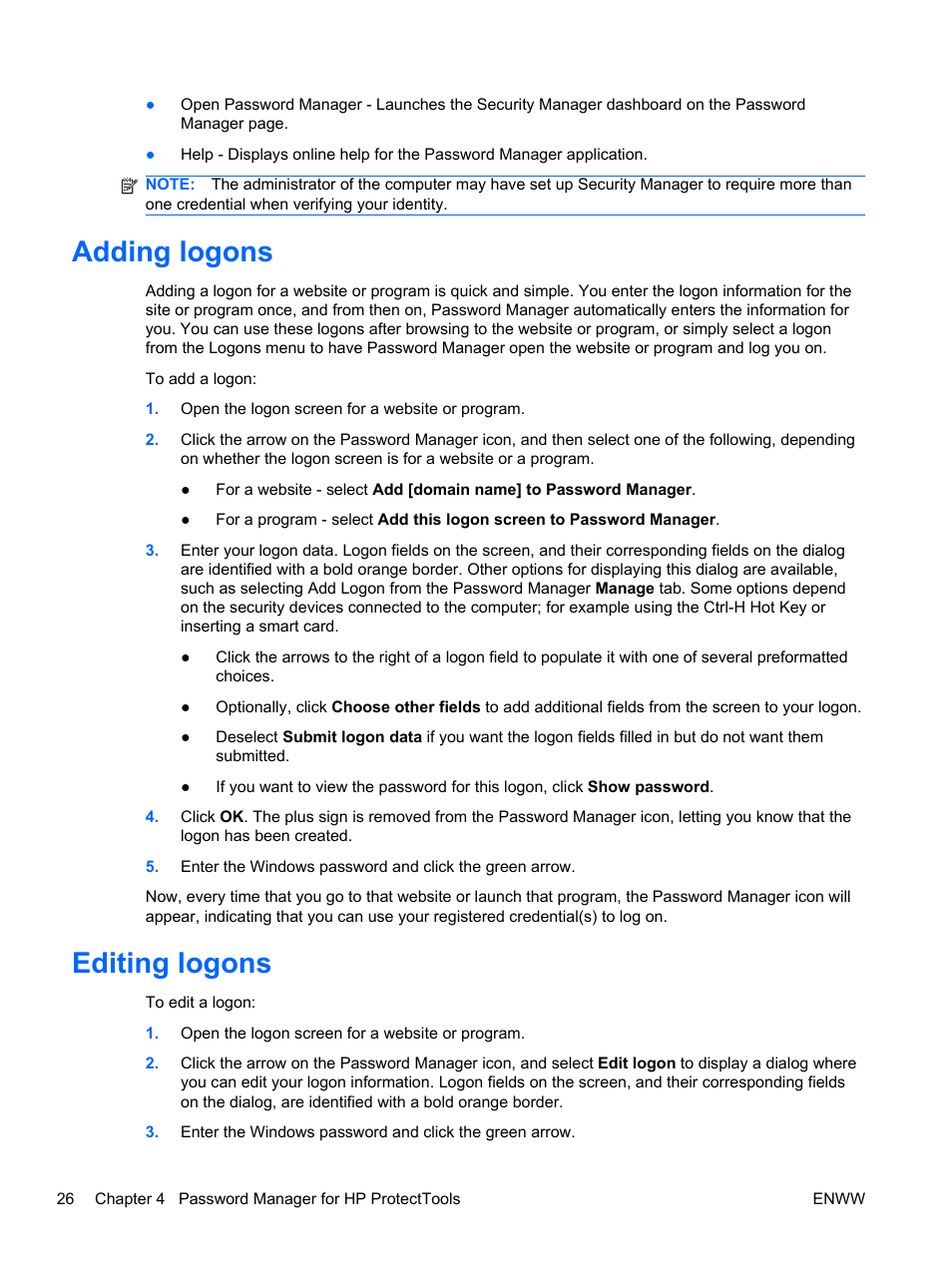 Adding logons, Editing logons, Adding logons editing logons | HP HP ProtectTools Security Software, Version 6.0 (User Guide) User Manual | Page 36 / 74