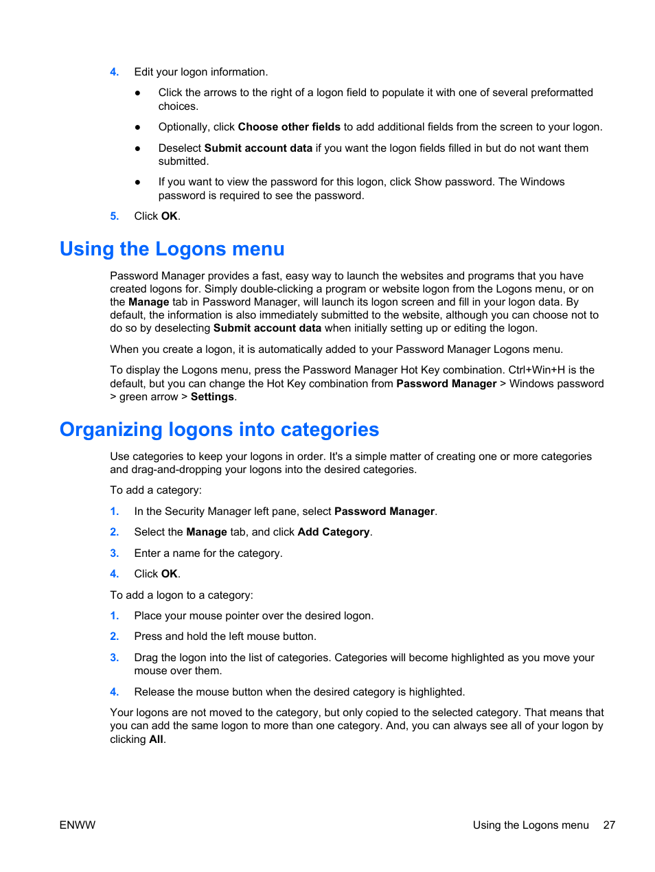 Using the logons menu, Organizing logons into categories | HP HP ProtectTools Security Software, Version 6.0 (User Guide) User Manual | Page 37 / 74