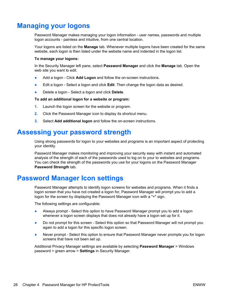 Managing your logons, Assessing your password strength, Password manager icon settings | HP HP ProtectTools Security Software, Version 6.0 (User Guide) User Manual | Page 38 / 74