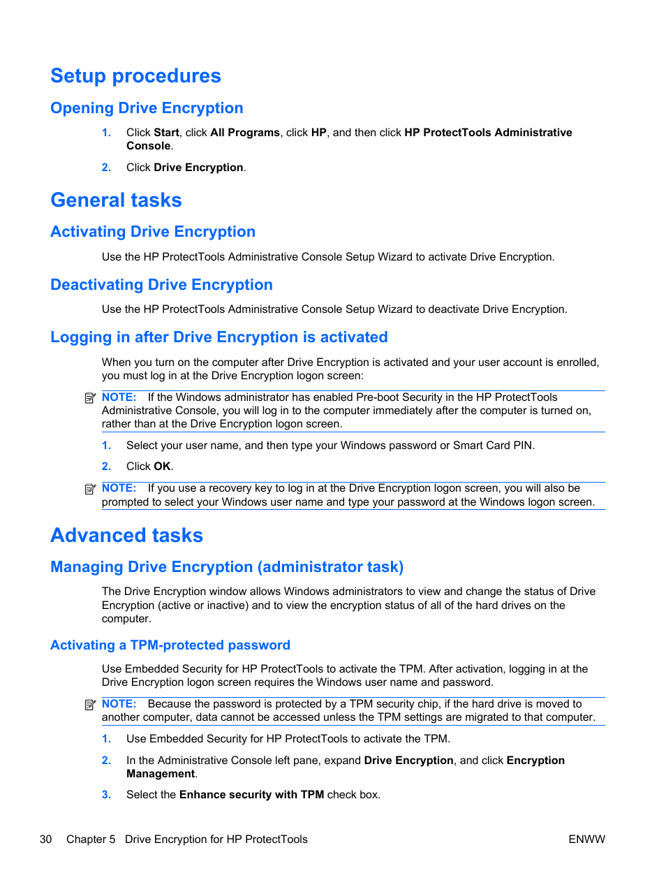 Setup procedures, Opening drive encryption, General tasks | Activating drive encryption, Deactivating drive encryption, Logging in after drive encryption is activated, Advanced tasks, Managing drive encryption (administrator task), Activating a tpm-protected password | HP HP ProtectTools Security Software, Version 6.0 (User Guide) User Manual | Page 40 / 74