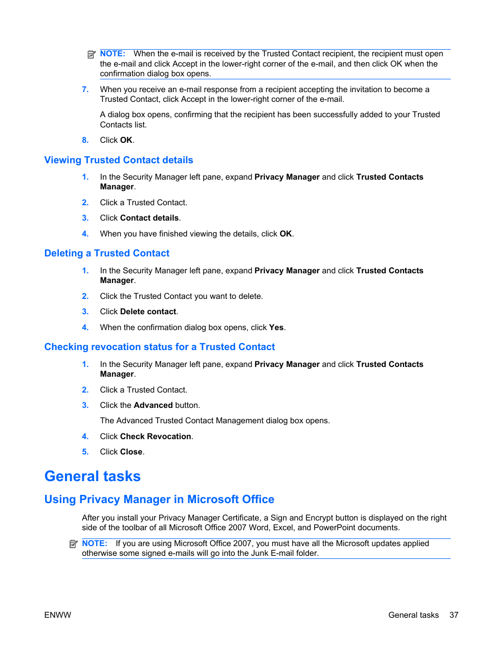 Viewing trusted contact details, Deleting a trusted contact, Checking revocation status for a trusted contact | General tasks, Using privacy manager in microsoft office | HP HP ProtectTools Security Software, Version 6.0 (User Guide) User Manual | Page 47 / 74