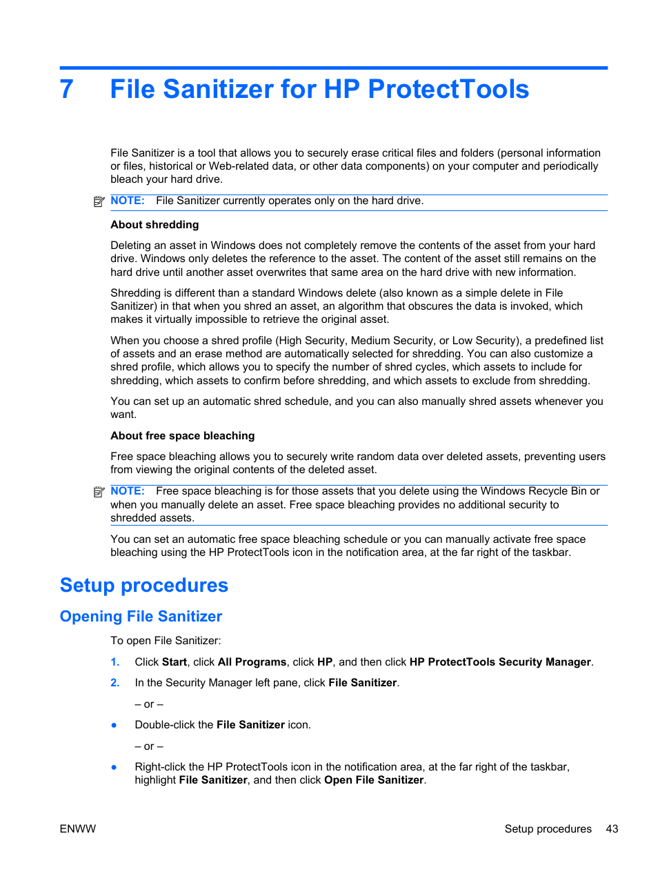 File sanitizer for hp protecttools, Setup procedures, Opening file sanitizer | 7 file sanitizer for hp protecttools, File sanitizer for, 7file sanitizer for hp protecttools | HP HP ProtectTools Security Software, Version 6.0 (User Guide) User Manual | Page 53 / 74