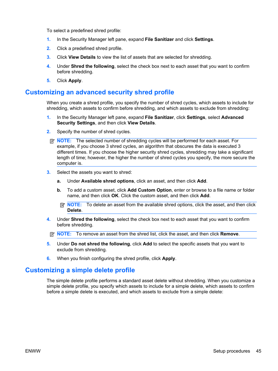 Customizing an advanced security shred profile, Customizing a simple delete profile | HP HP ProtectTools Security Software, Version 6.0 (User Guide) User Manual | Page 55 / 74