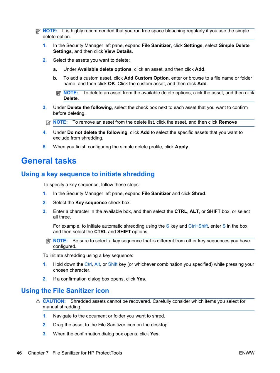 General tasks, Using a key sequence to initiate shredding, Using the file sanitizer icon | HP HP ProtectTools Security Software, Version 6.0 (User Guide) User Manual | Page 56 / 74