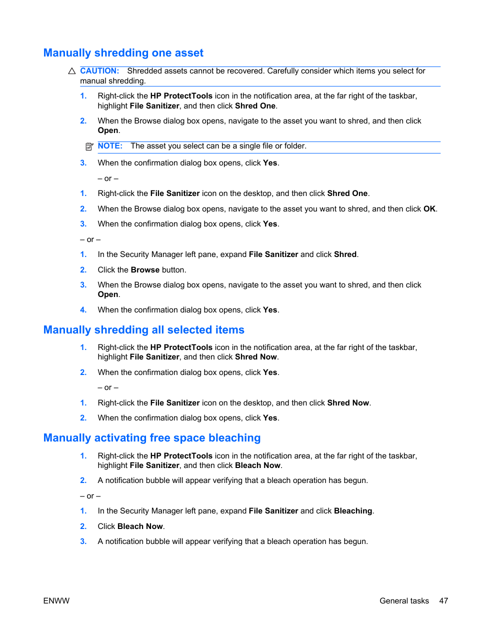 Manually shredding one asset, Manually shredding all selected items, Manually activating free space bleaching | HP HP ProtectTools Security Software, Version 6.0 (User Guide) User Manual | Page 57 / 74