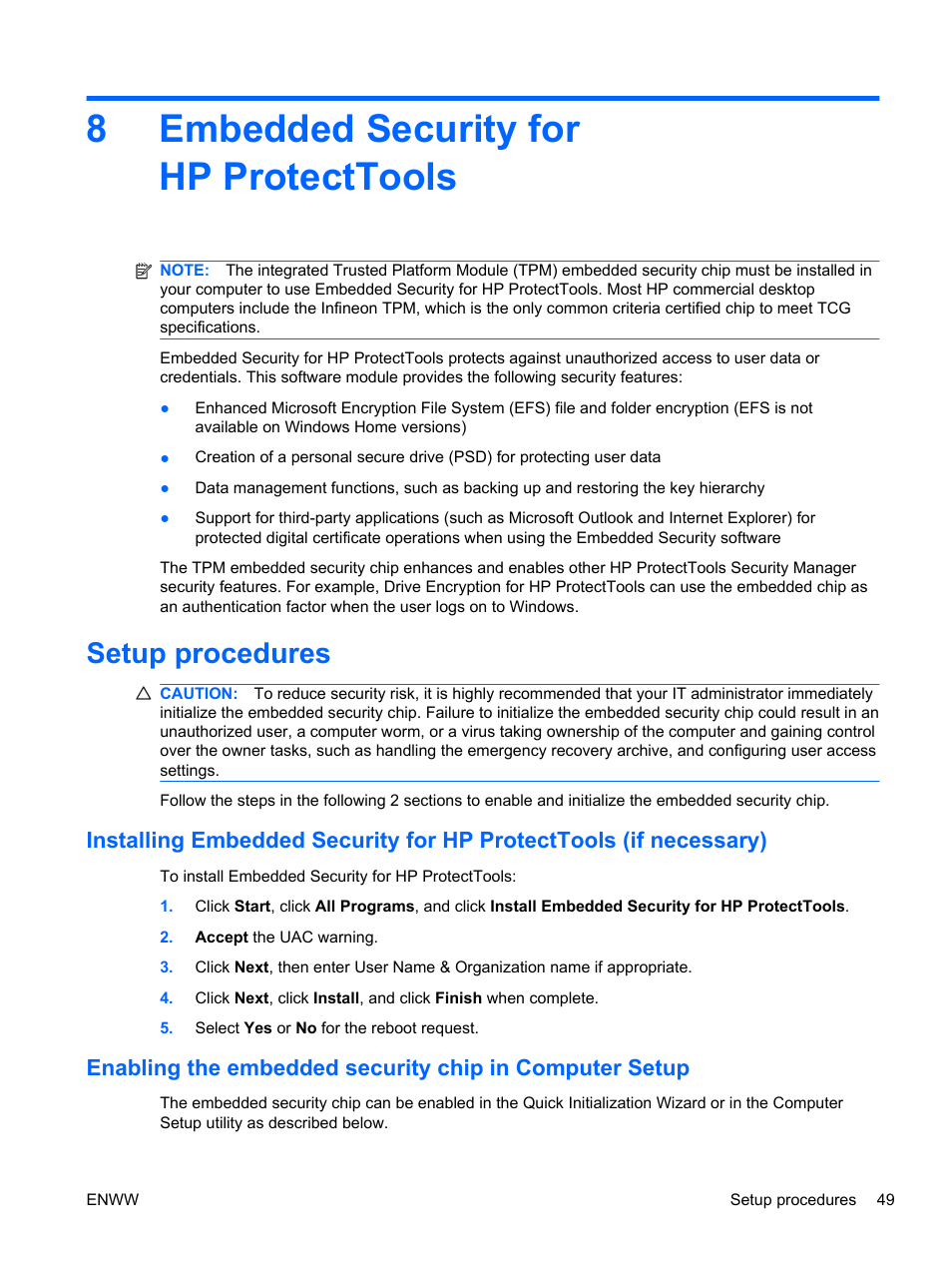 Embedded security for hp protecttools, Setup procedures, 8 embedded security for hp protecttools | 8embedded security for hp protecttools | HP HP ProtectTools Security Software, Version 6.0 (User Guide) User Manual | Page 59 / 74