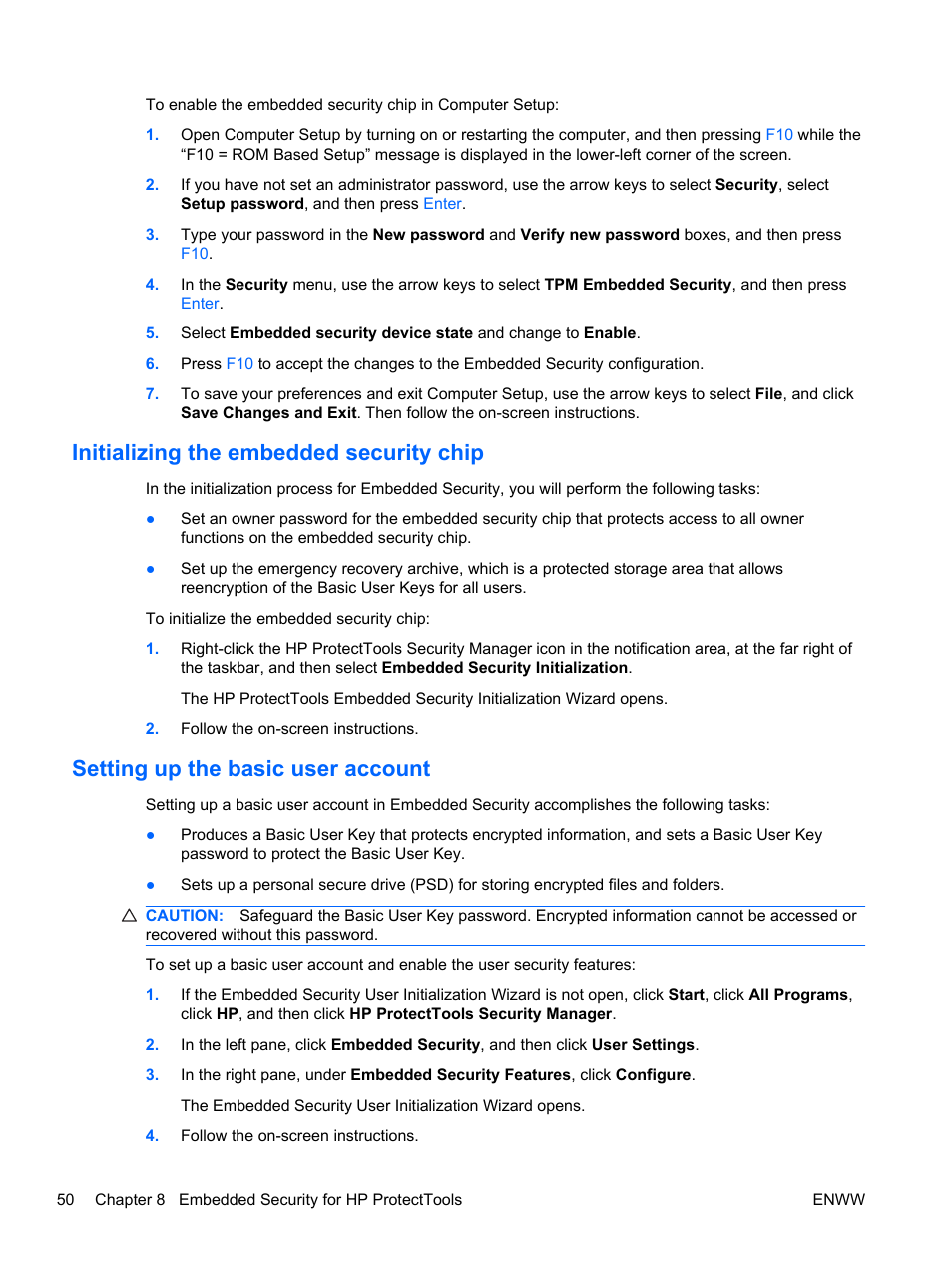 Initializing the embedded security chip, Setting up the basic user account | HP HP ProtectTools Security Software, Version 6.0 (User Guide) User Manual | Page 60 / 74