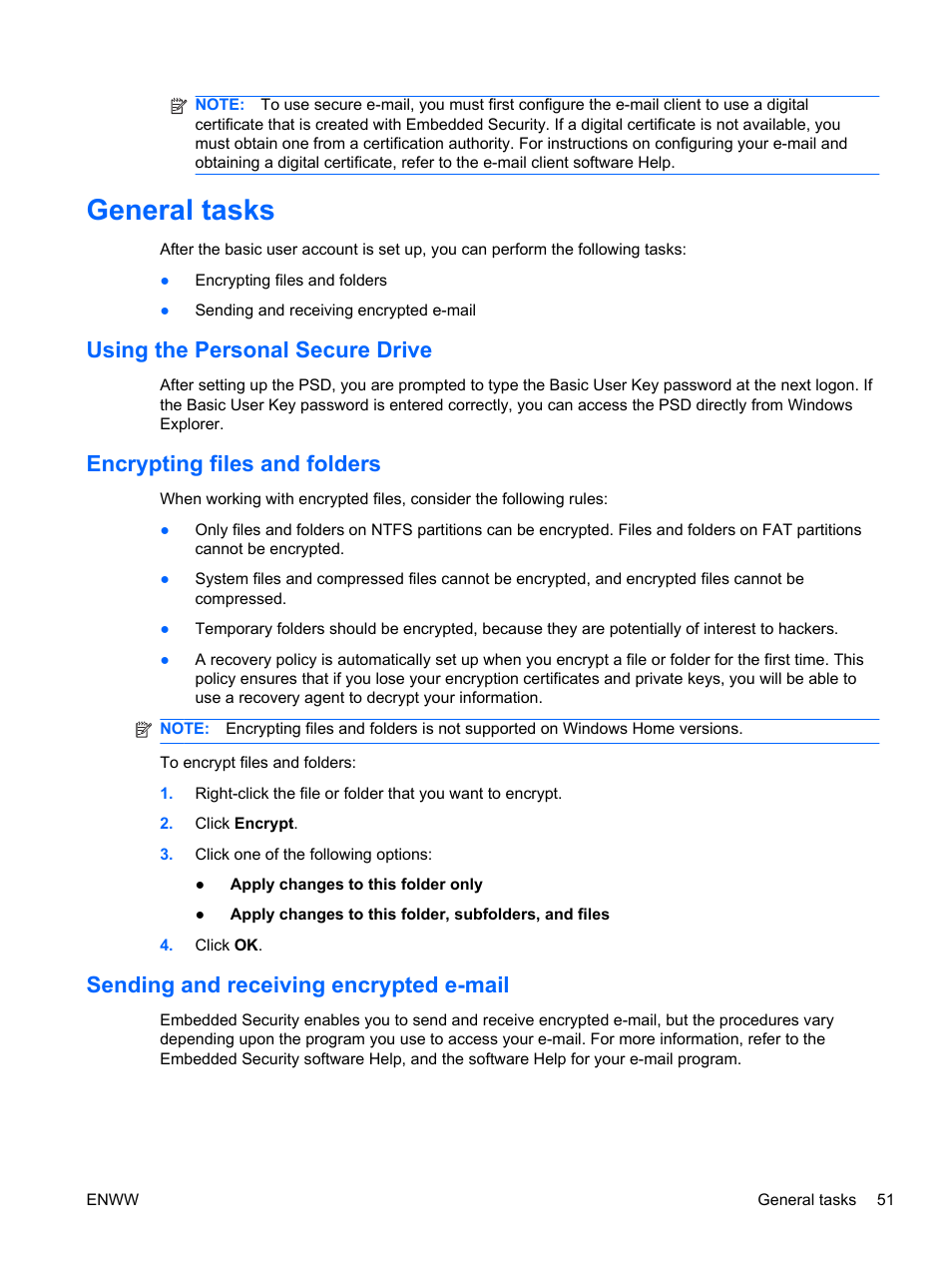 General tasks, Using the personal secure drive, Encrypting files and folders | Sending and receiving encrypted e-mail | HP HP ProtectTools Security Software, Version 6.0 (User Guide) User Manual | Page 61 / 74