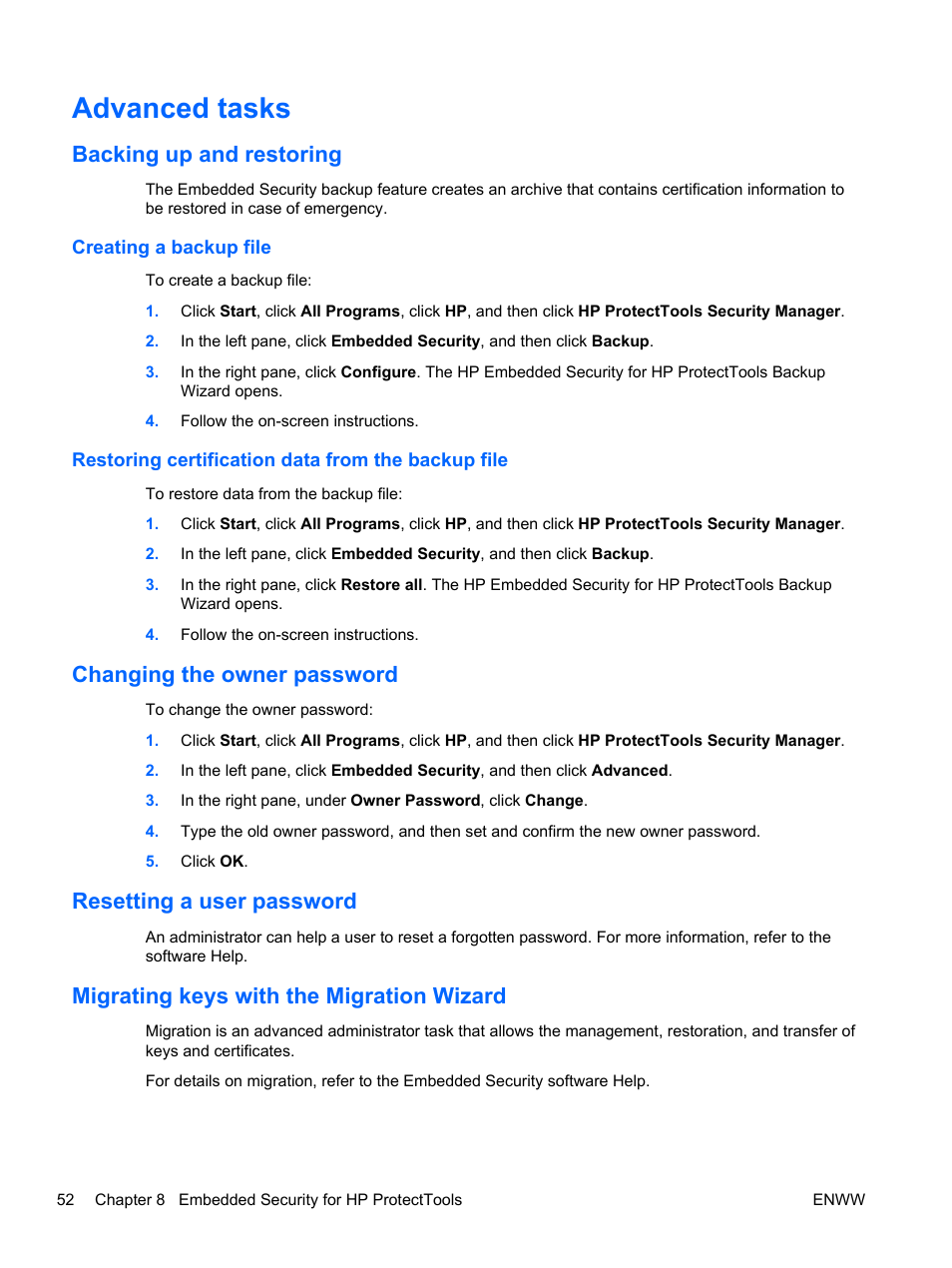 Advanced tasks, Backing up and restoring, Creating a backup file | Restoring certification data from the backup file, Changing the owner password, Resetting a user password, Migrating keys with the migration wizard | HP HP ProtectTools Security Software, Version 6.0 (User Guide) User Manual | Page 62 / 74