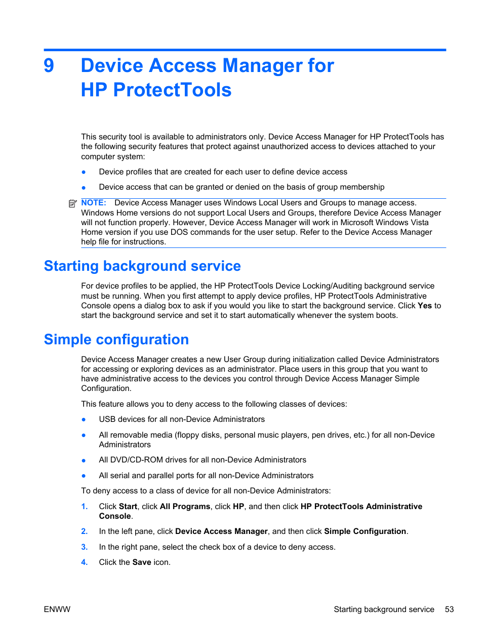 Device access manager for hp protecttools, Starting background service, Simple configuration | 9 device access manager for hp protecttools, Starting background service simple configuration, Ls, refer to, Device access manager for, 9device access manager for hp protecttools | HP HP ProtectTools Security Software, Version 6.0 (User Guide) User Manual | Page 63 / 74