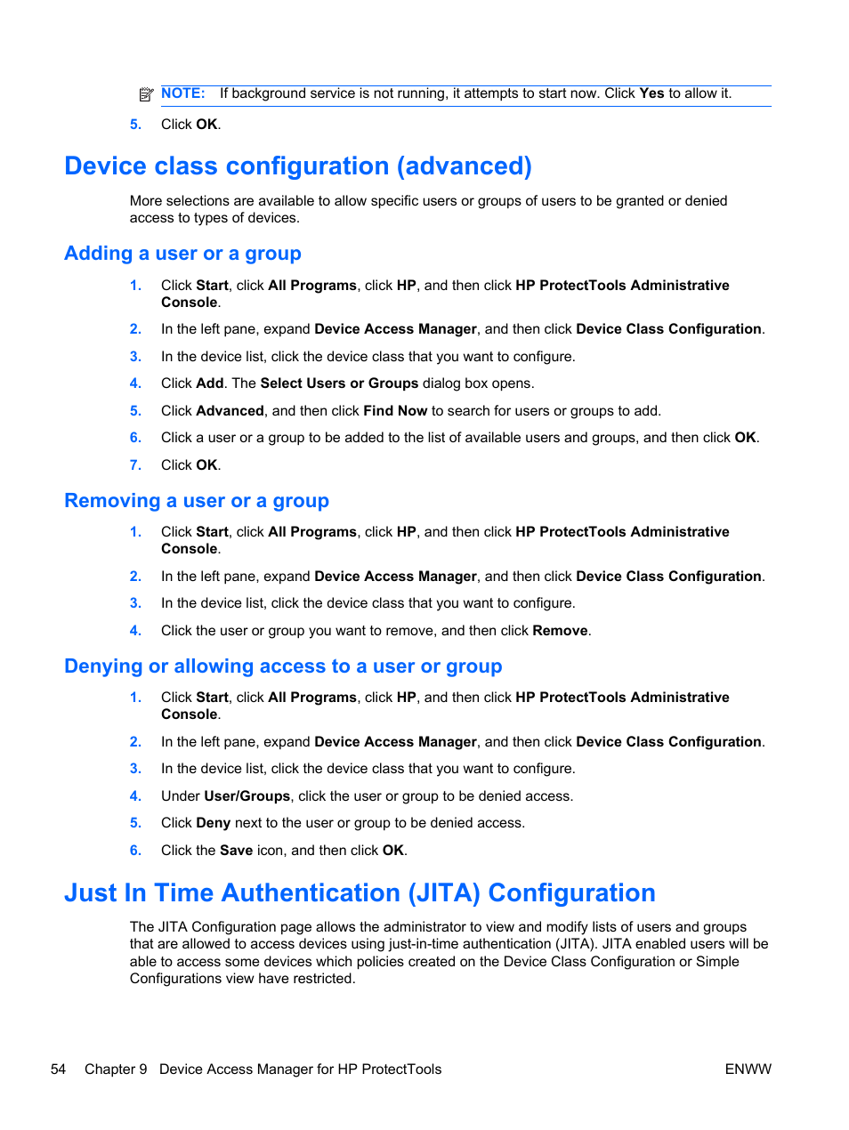 Device class configuration (advanced), Adding a user or a group, Removing a user or a group | Denying or allowing access to a user or group, Just in time authentication (jita) configuration | HP HP ProtectTools Security Software, Version 6.0 (User Guide) User Manual | Page 64 / 74