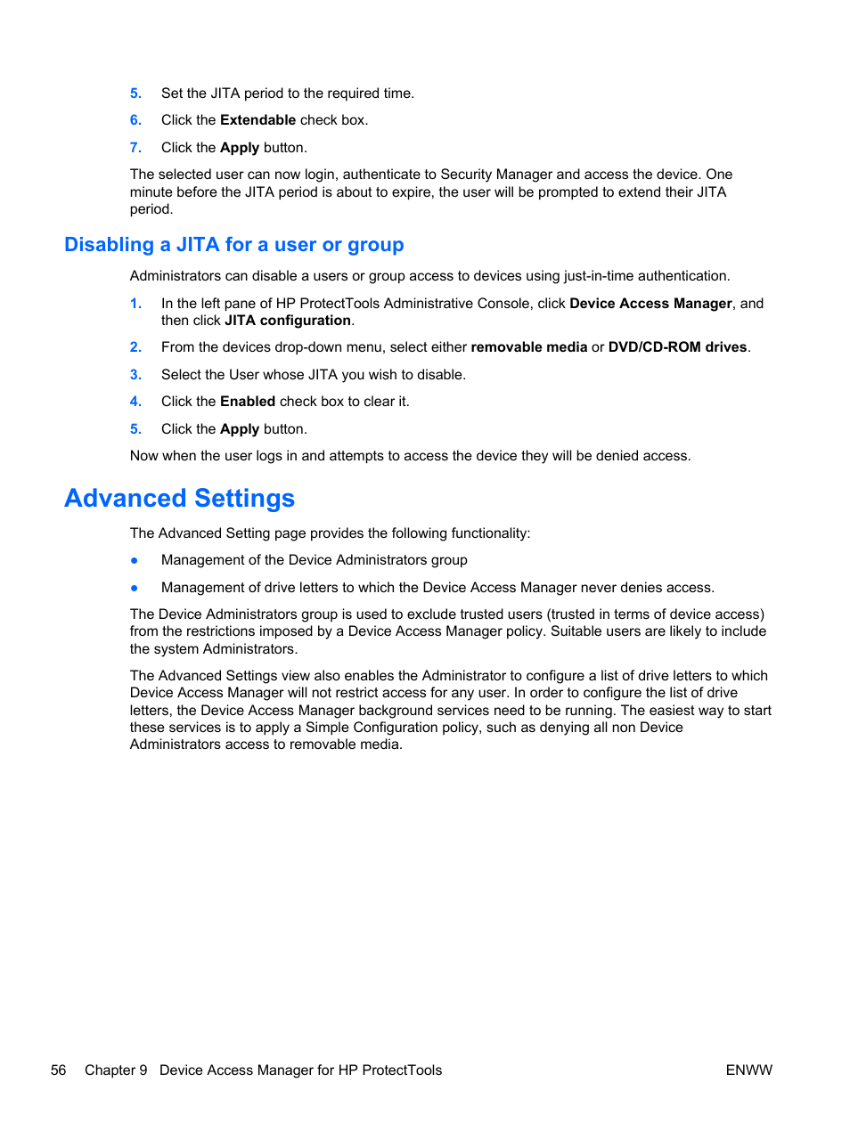 Disabling a jita for a user or group, Advanced settings | HP HP ProtectTools Security Software, Version 6.0 (User Guide) User Manual | Page 66 / 74