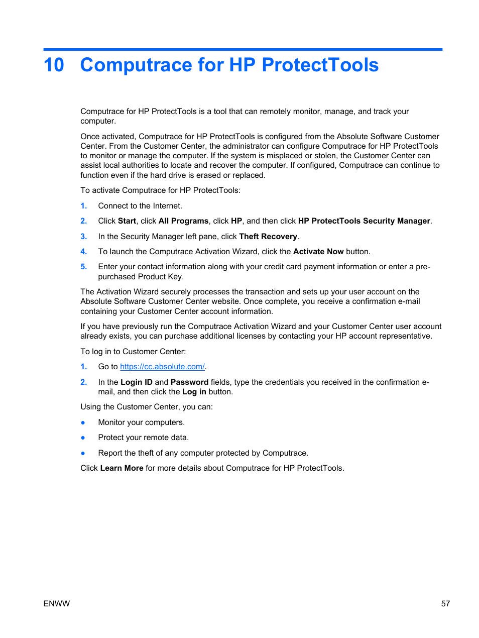 Computrace for hp protecttools, 10 computrace for hp protecttools | HP HP ProtectTools Security Software, Version 6.0 (User Guide) User Manual | Page 67 / 74