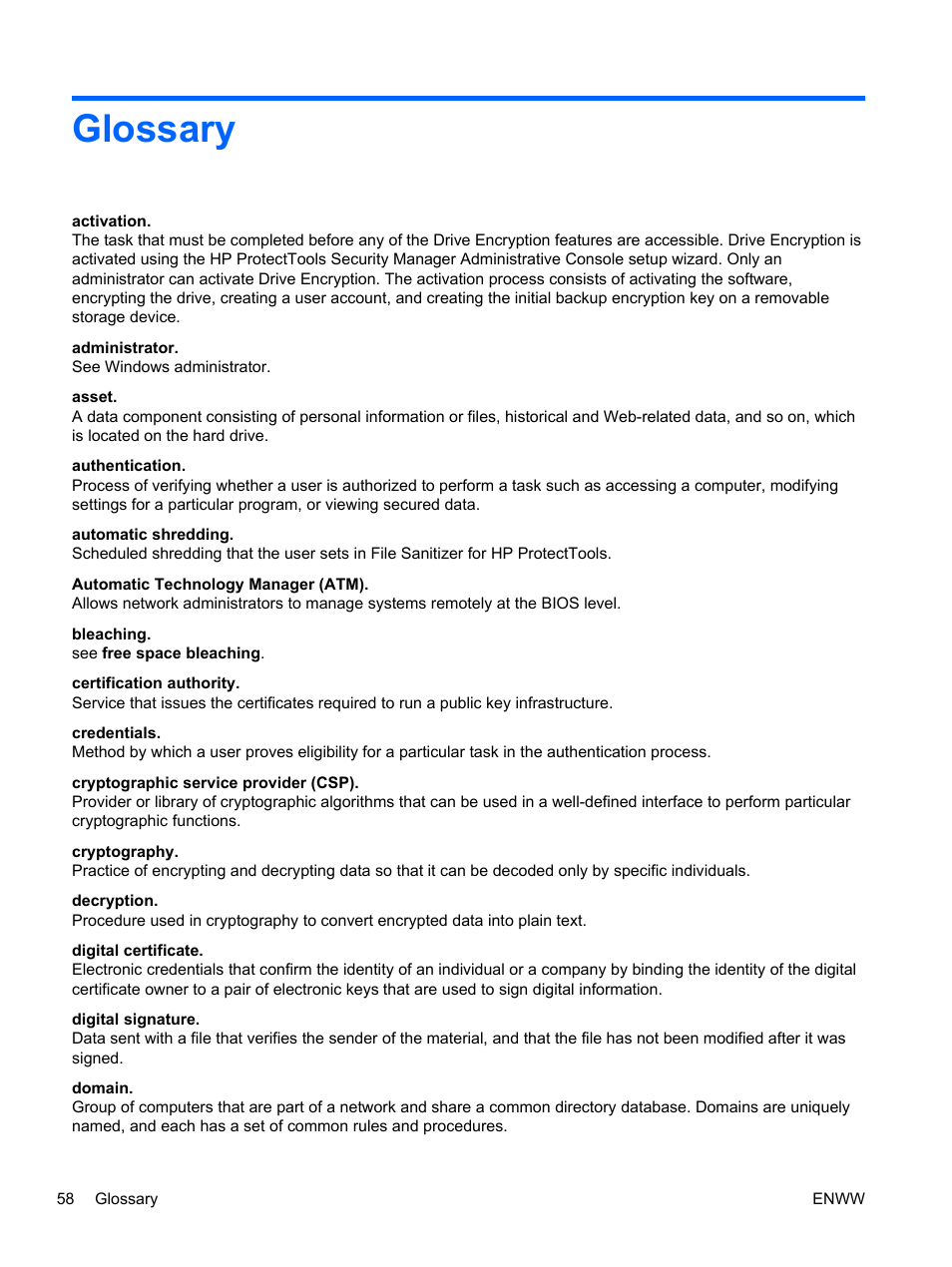 Glossary | HP HP ProtectTools Security Software, Version 6.0 (User Guide) User Manual | Page 68 / 74