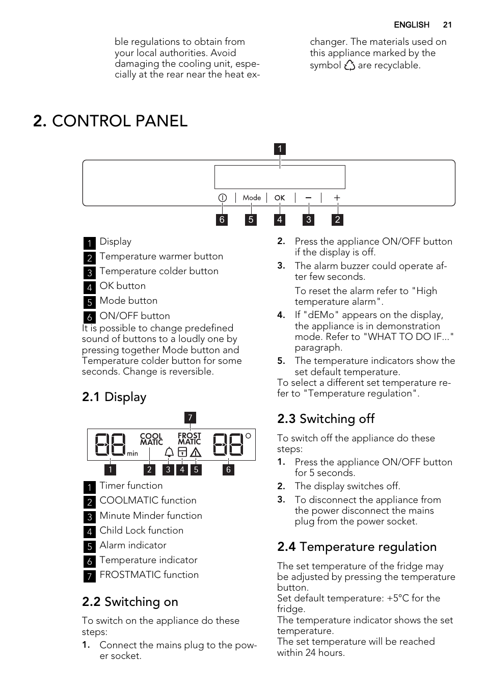 Control panel, 1 display, 2 switching on | 3 switching off, 4 temperature regulation | AEG SKS81040F0 User Manual | Page 21 / 68