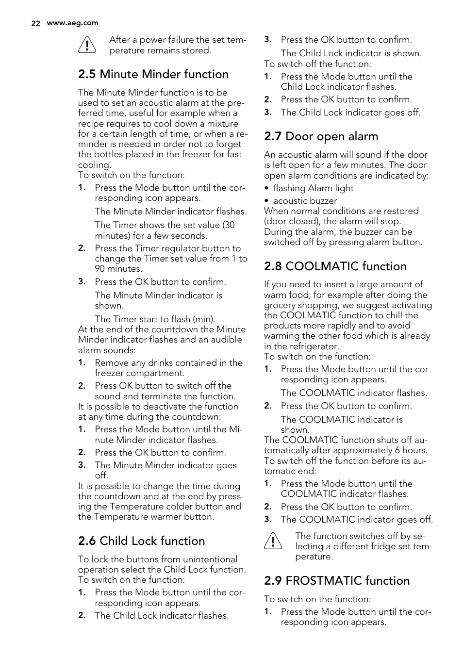 5 minute minder function, 6 child lock function, 7 door open alarm | 8 coolmatic function, 9 frostmatic function | AEG SKS81040F0 User Manual | Page 22 / 68