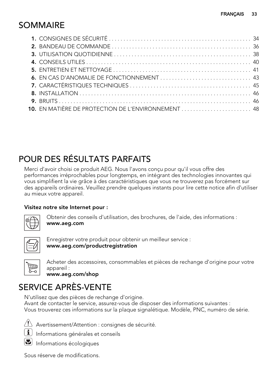 Sommaire, Pour des résultats parfaits, Service après-vente | AEG SKS81040F0 User Manual | Page 33 / 68