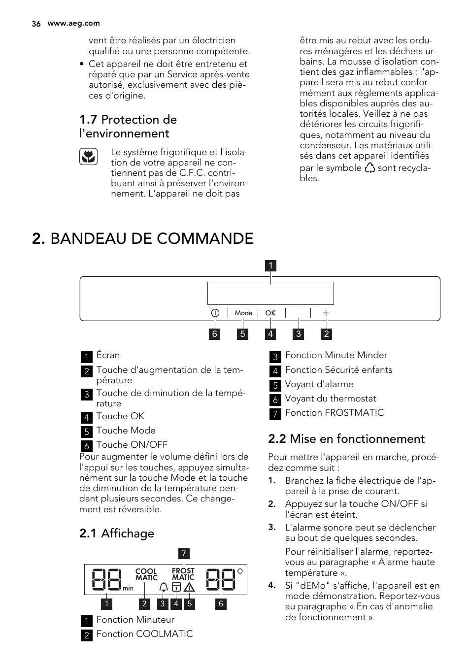 Bandeau de commande, 7 protection de l'environnement, 1 affichage | 2 mise en fonctionnement | AEG SKS81040F0 User Manual | Page 36 / 68