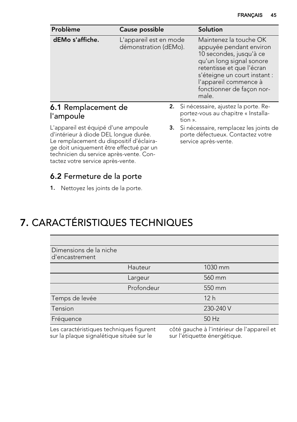 Caractéristiques techniques, 1 remplacement de l'ampoule, 2 fermeture de la porte | AEG SKS81040F0 User Manual | Page 45 / 68