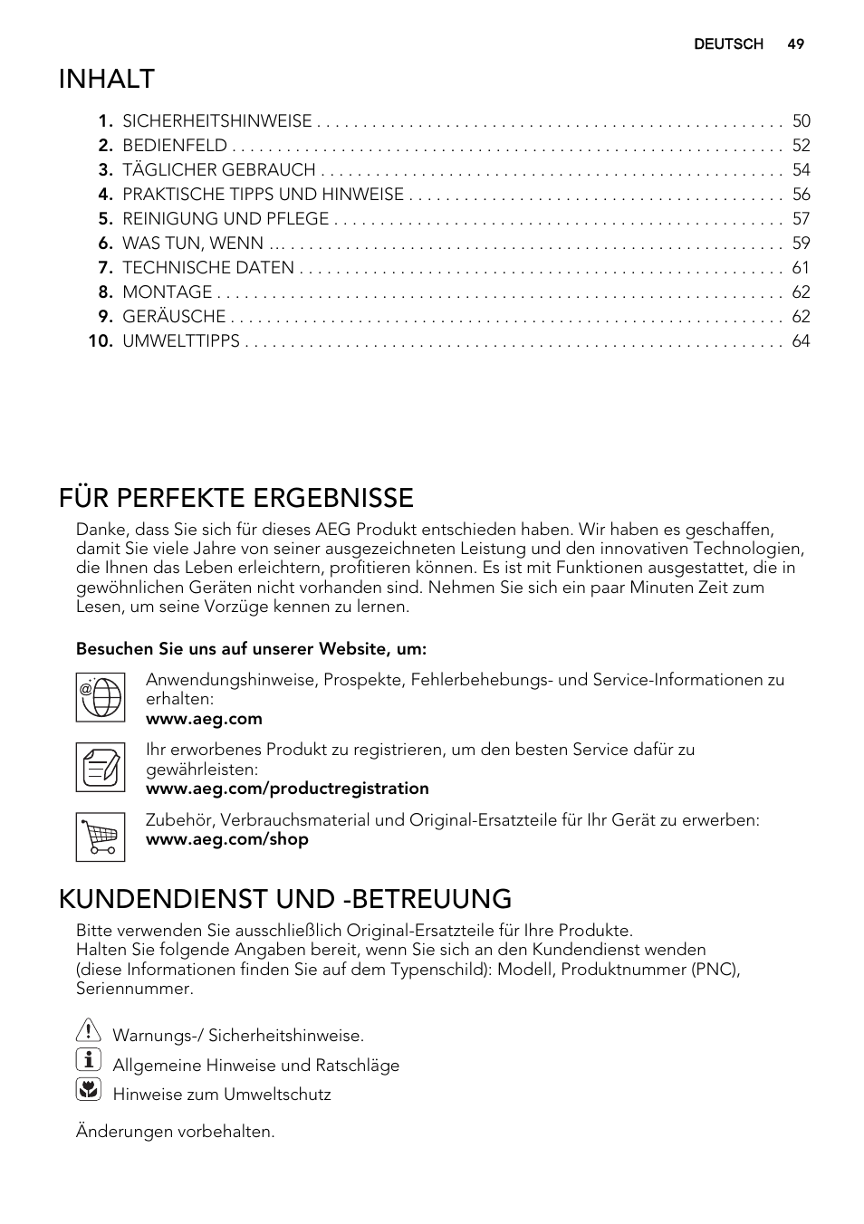 Inhalt, Für perfekte ergebnisse, Kundendienst und -betreuung | AEG SKS81040F0 User Manual | Page 49 / 68