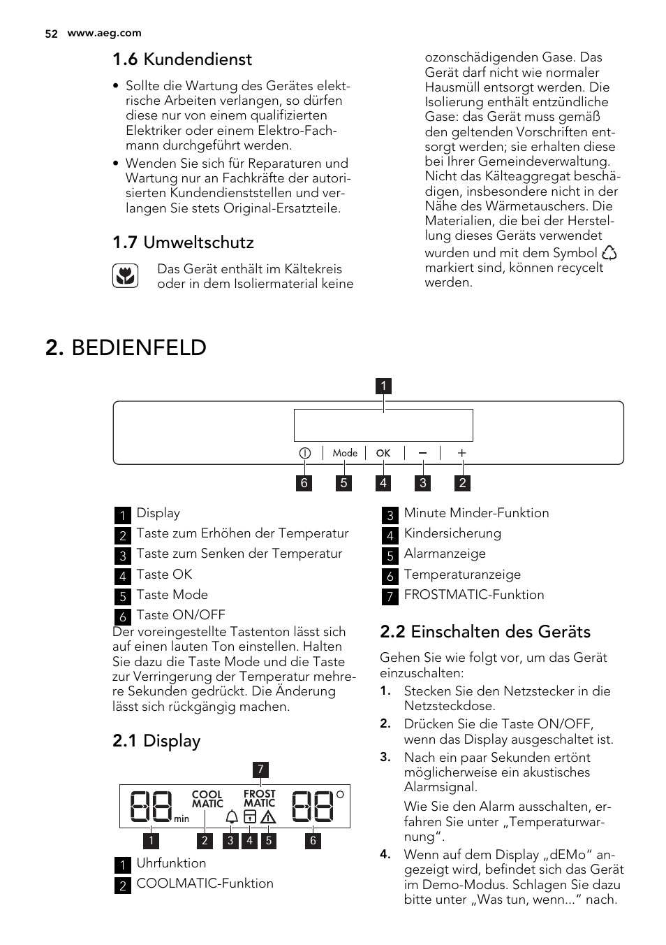 Bedienfeld, 6 kundendienst, 7 umweltschutz | 1 display, 2 einschalten des geräts | AEG SKS81040F0 User Manual | Page 52 / 68