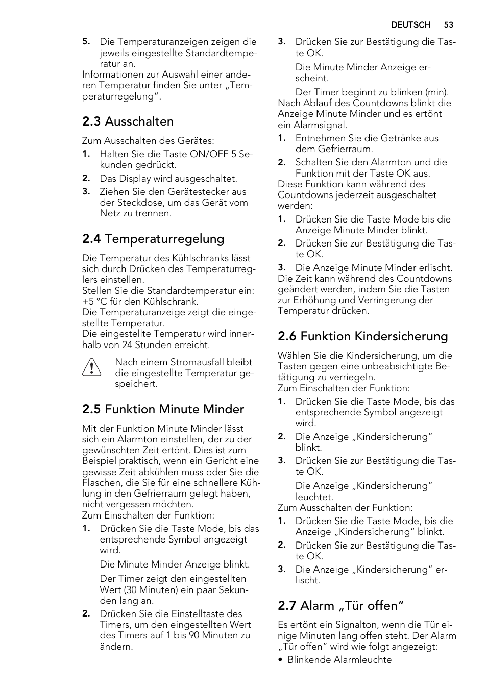 3 ausschalten, 4 temperaturregelung, 5 funktion minute minder | 6 funktion kindersicherung, 7 alarm „tür offen | AEG SKS81040F0 User Manual | Page 53 / 68