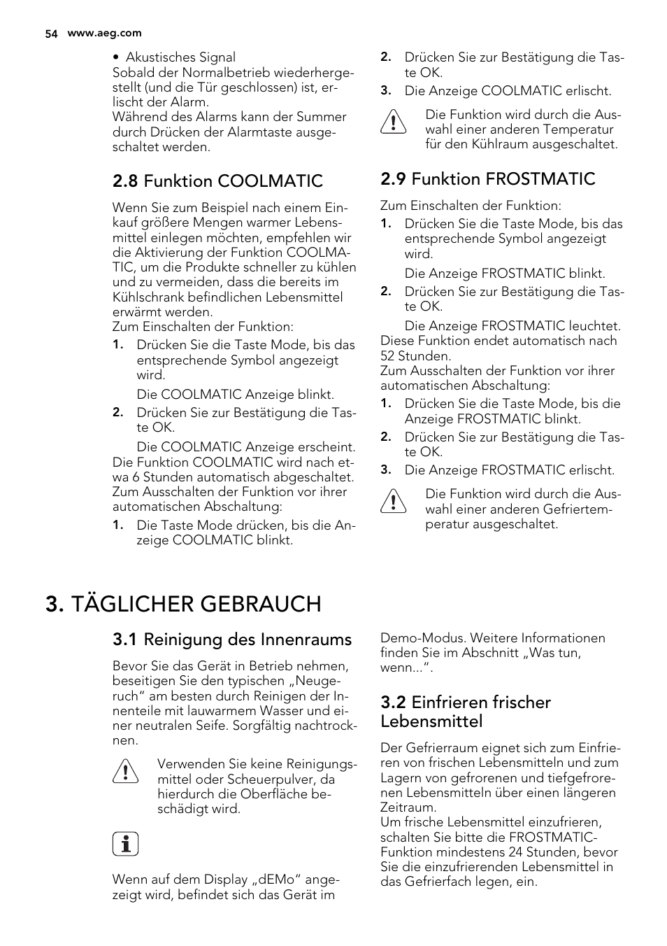 Täglicher gebrauch, 8 funktion coolmatic, 9 funktion frostmatic | 1 reinigung des innenraums, 2 einfrieren frischer lebensmittel | AEG SKS81040F0 User Manual | Page 54 / 68